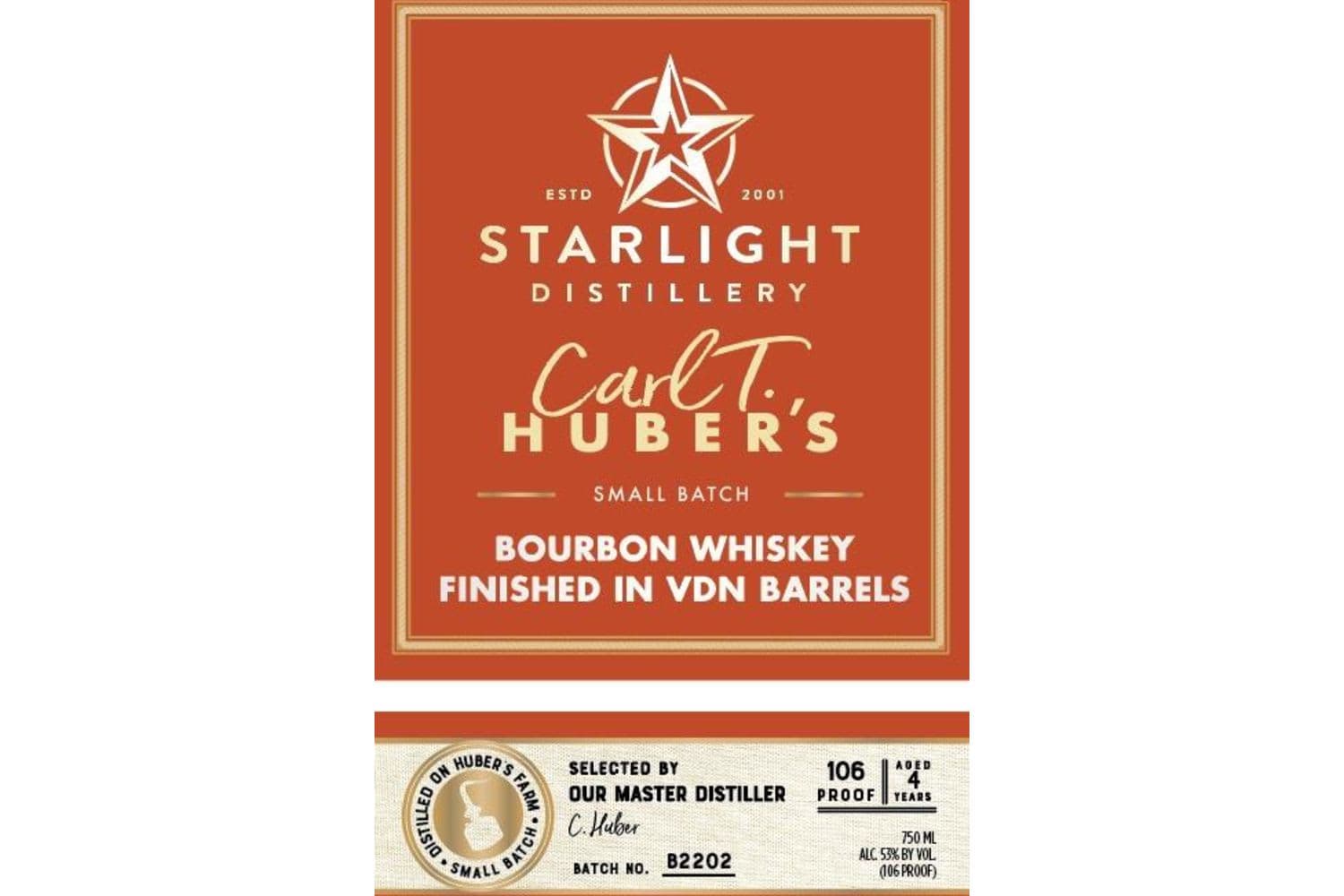 Starlight Distillery Aged 4 Years Carl T. Huber's Small Batch Bourbon Whisky Finished in VDN Barrels 750mL Bottle