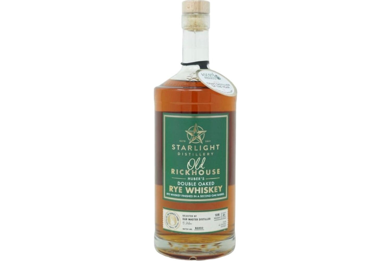 Starlight Distillery Huber's Old Rickhouse Double Oaked Rye Whiskey 106 Proof Batch No.B2203 750mL Bottle