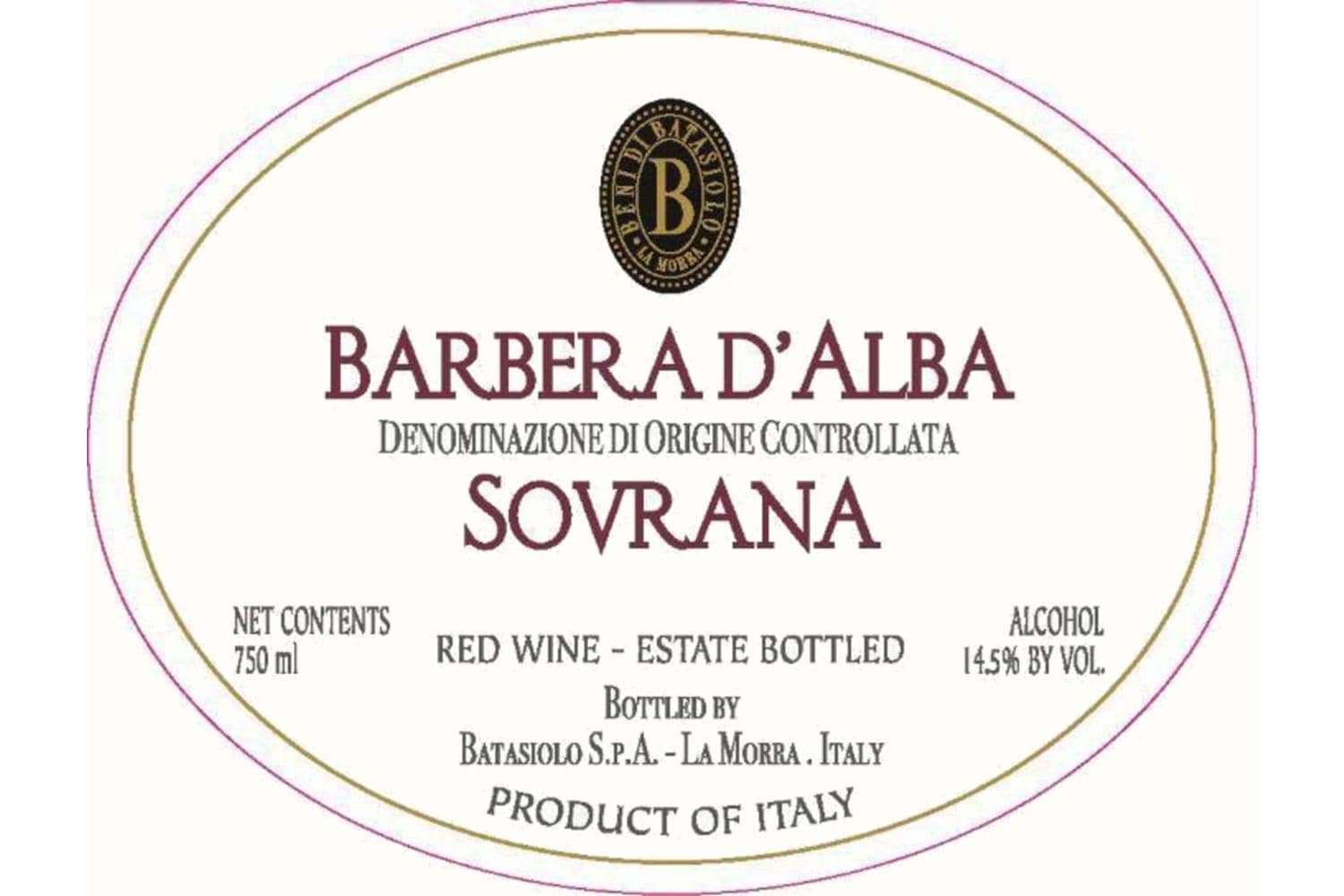 Beni di Batasiolo Barbera d'Alba Sovrana 2021 750mL Bottle