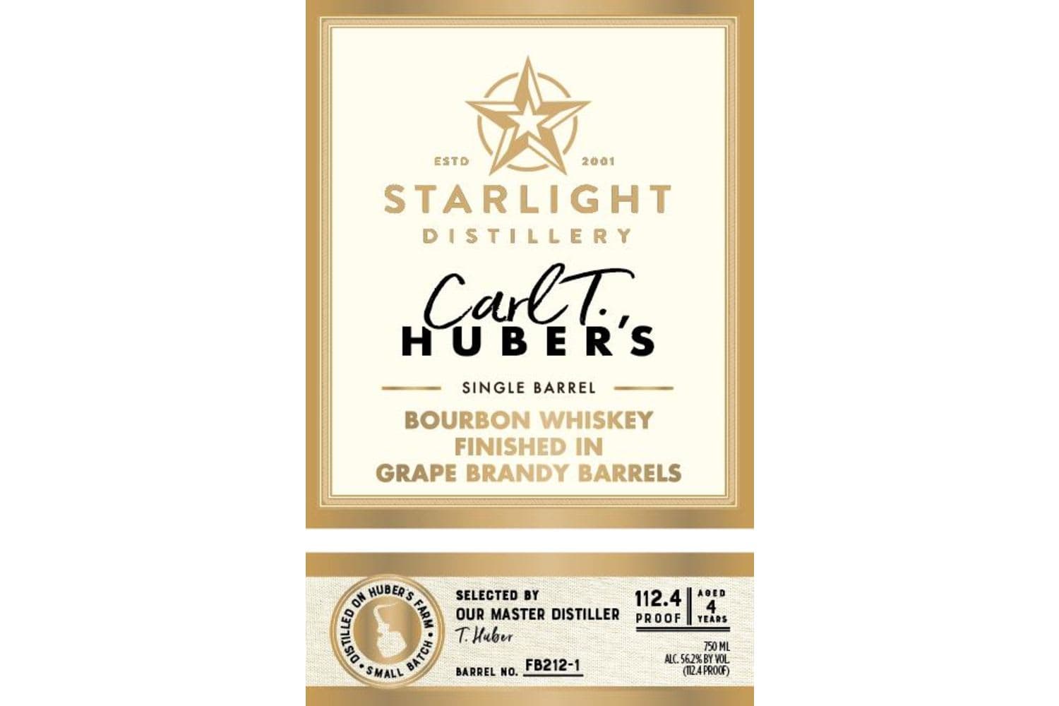 Starlight Distillery Aged 4 Years Barrel No. FB212-1 Single Barrel Finished In Grape Brandy Barrels Bourbon Whiskey 750mL Bottle
