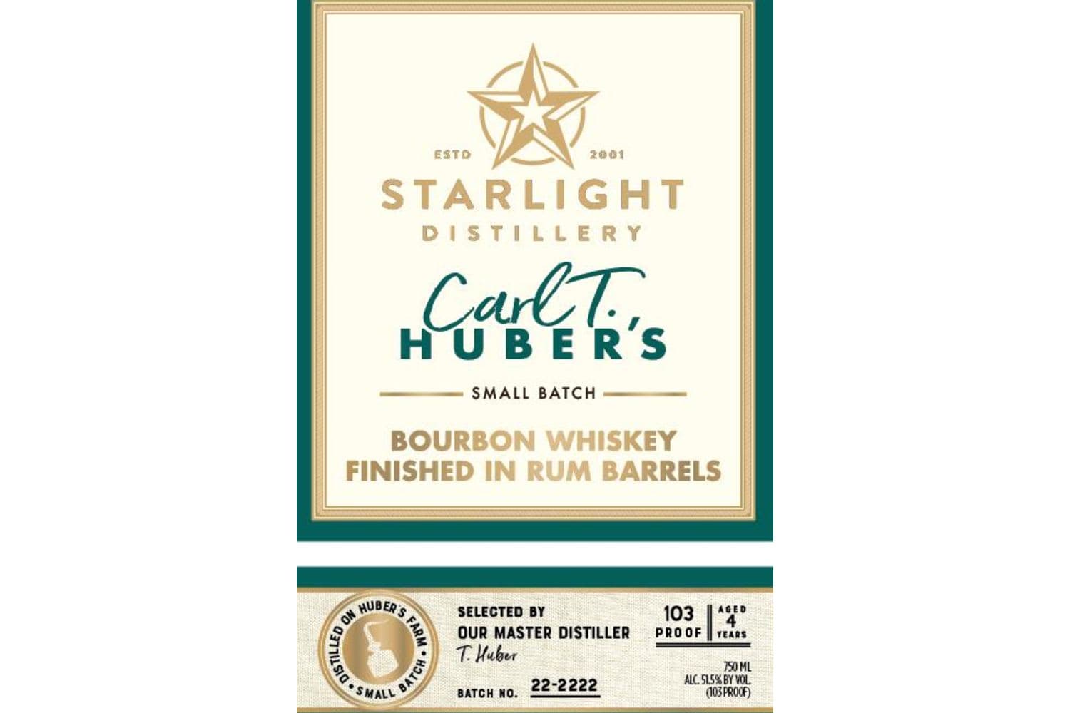 Starlight Distillery Batch No. 22-2222 4 Years Old Carl T. Huber's Small Batch Bourbon Whiskey Finished In Rum Barrels 750mL Bottle