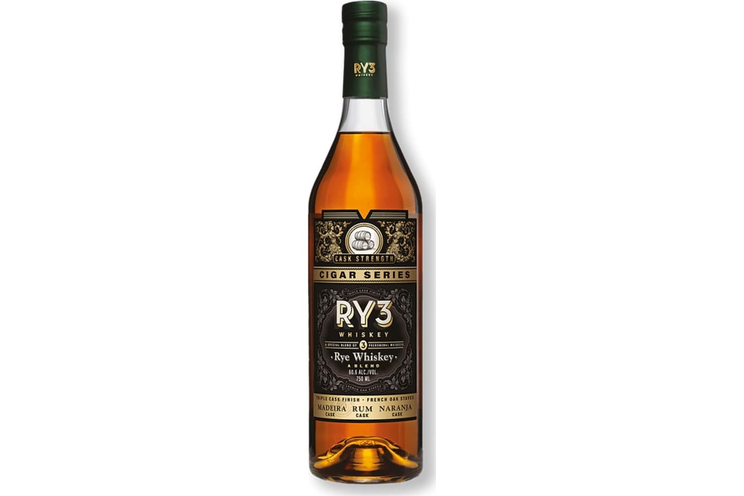 Ry3 Whiskey Cigar Series Cask Strength Triple Cask Finish-French Oak Staves Rye Whiskey 750mL Bottle