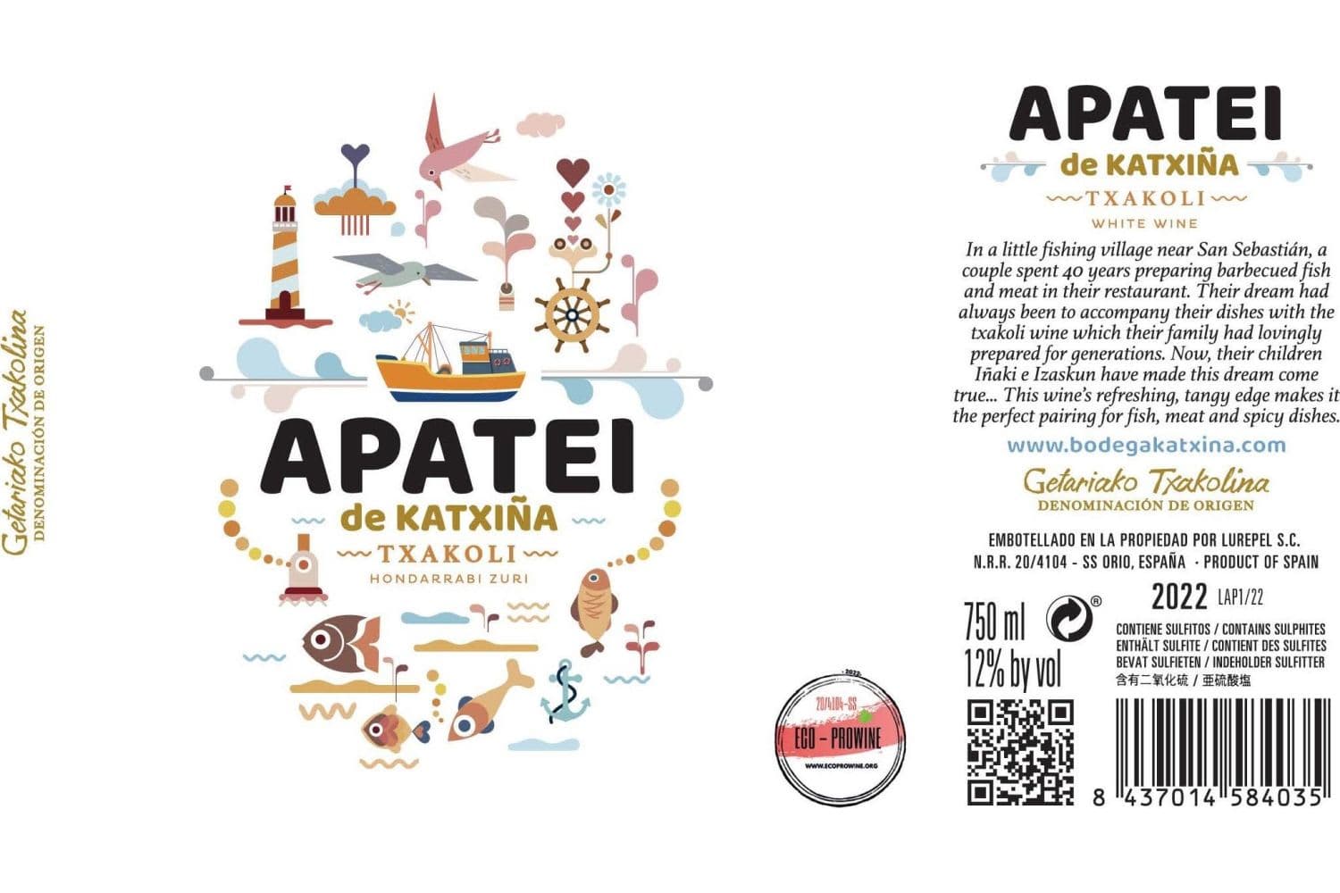 Bodega Katxina Getariako Txakolina Hondarrabi Zuri Apatei De Katxina Txacoli 2022 750mL Bottle