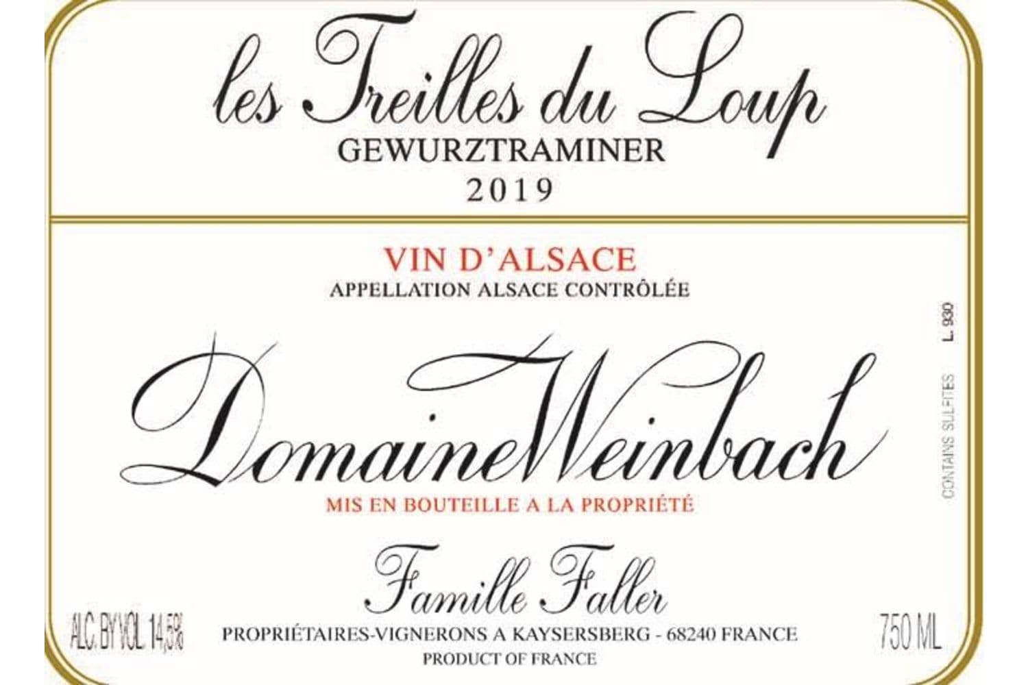 Domaine Weinbach Vin d'Alsace Gewurztraminer Les Treilles Du Loup 2023 750mL Bottle