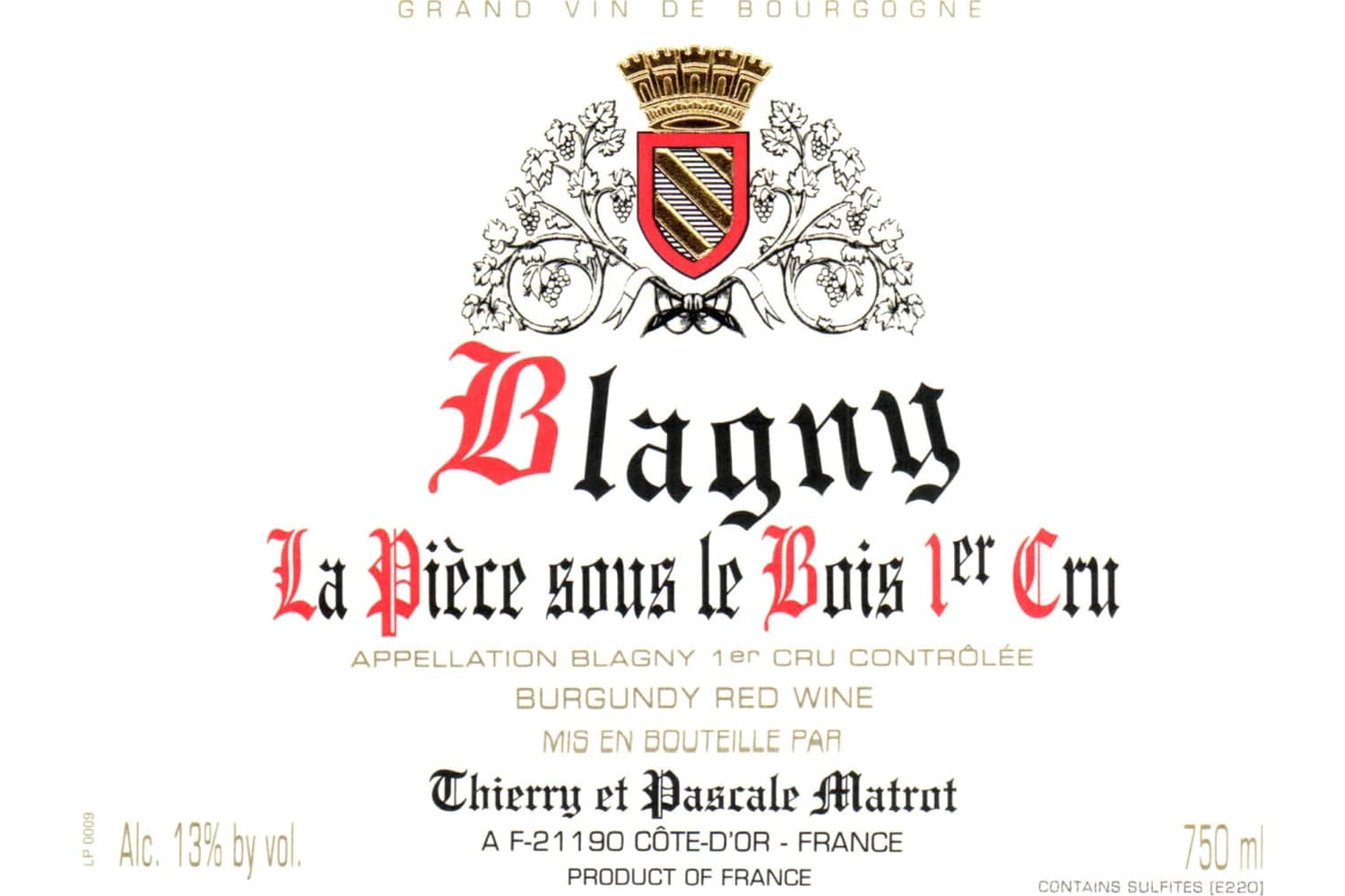 Thierry et Pascale Matrot Blagny 1er Cru La Piece sous le Bois 2018 750mL Bottle