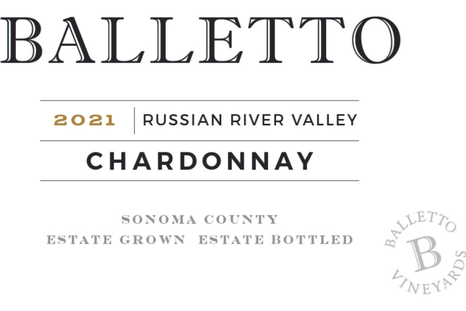 Balletto Chardonnay Estate Grown Russian River Valley 2021 750mL Bottle