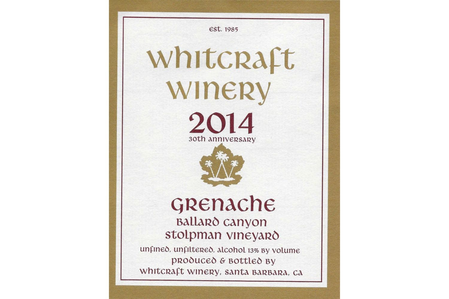 Whitcraft Wines Ballard Canyon Grenache Stolpman Vineyard 2022 750mL Bottle