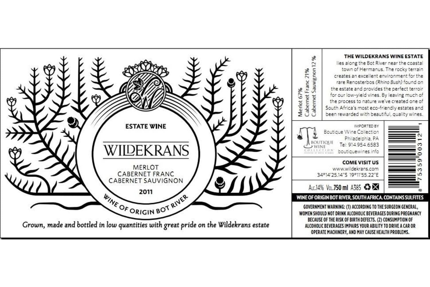 Wildekrans Merlot Cabernet Franc Cabernet Sauvignon 2015 750mL Bottle